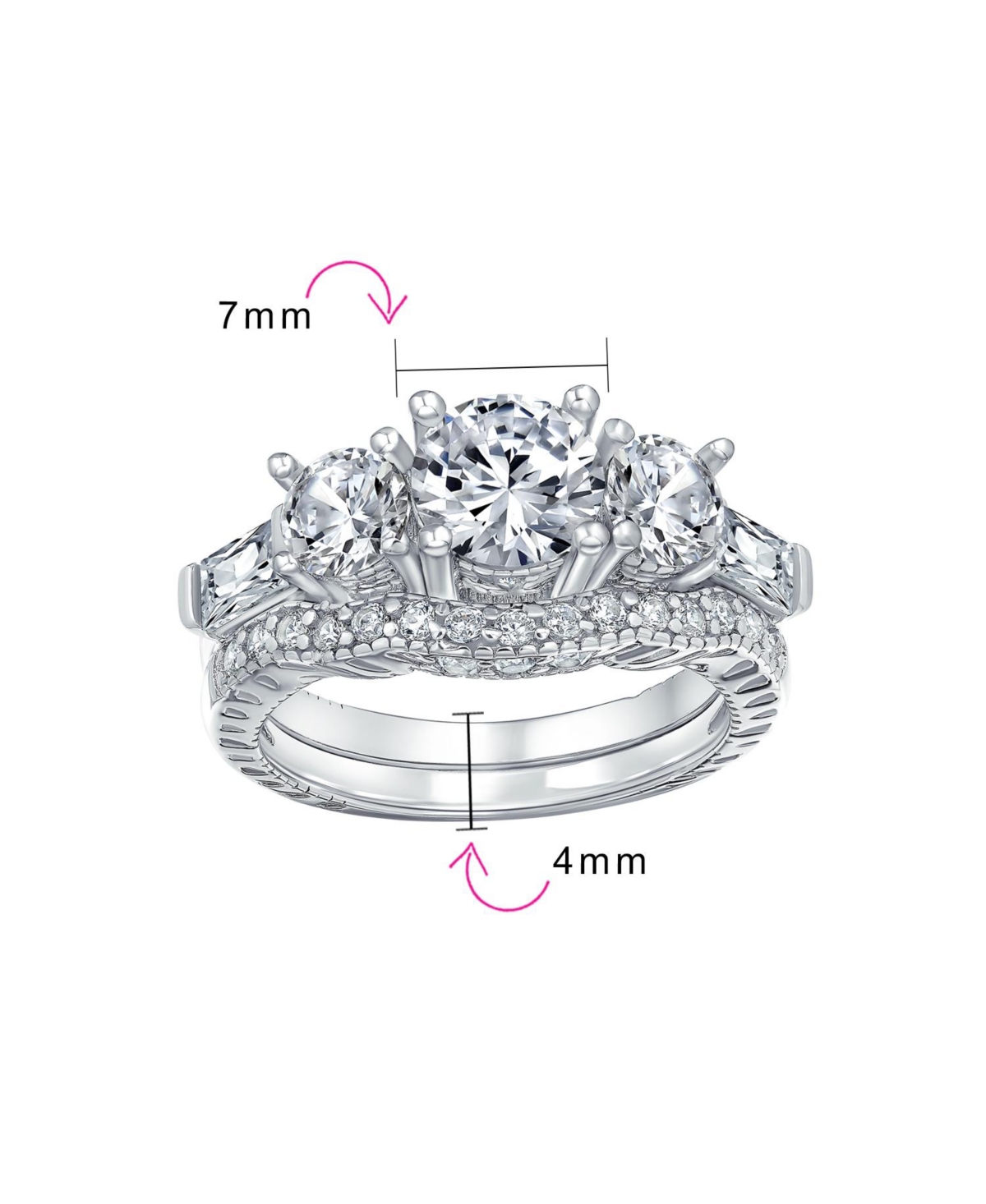 Bling Jewelry 3-Stone Cz Promise Ring Set with Baguette Side Stones Sterling Silver