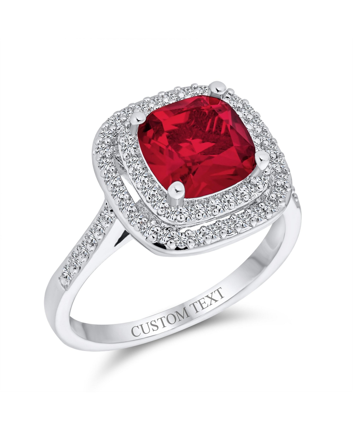 Bling Jewelry Art Deco Ruby Red Cushion-Cut Cubic Zirconia Cocktail Statement Ring Silver Plated