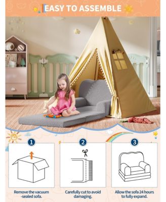 Kids Couch, 2-in-1 Convertible Teddy Fleece Fabric Toddler Sofa Chair, Soft Fold Out Couch Lounger for Kids