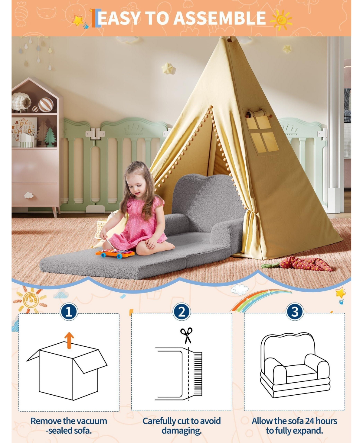 gaomon Kids Couch, 2-in-1 Convertible Teddy Fleece Fabric Toddler Sofa Chair, Soft Fold Out Couch Lounger for