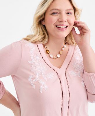 Plus Size V-Neck Puff-Sleeve Embroidered Blouse