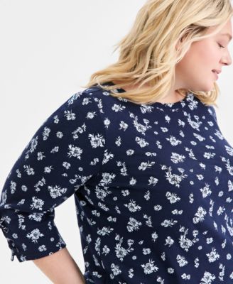 Plus Size Printed Boat-Neck Cotton Lace-Up-Sleeve Tunic