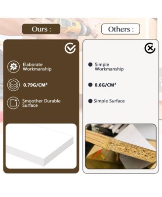 Vanity desk for bedroom with lights, drawers, shelves, stool, and mirror.