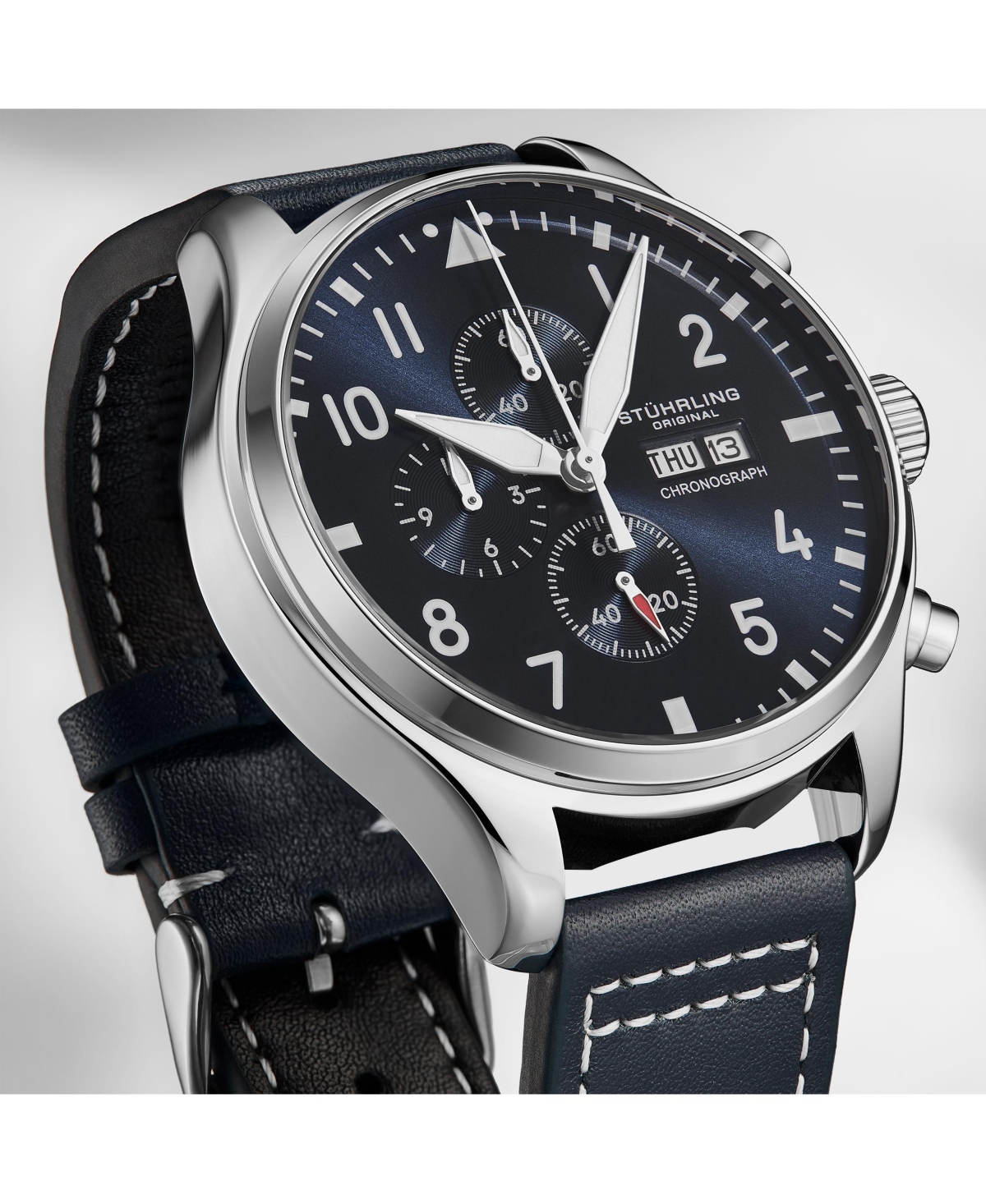 Stuhrling Navigator 4075 Men s 43mm Navy Sunray Dial Navy Leather Strap Chronograph Quartz Watch