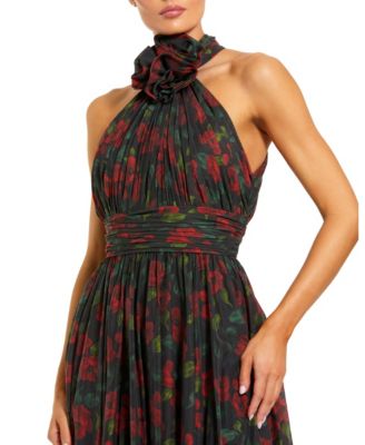 Women's Floral Chiffon 3D Flower Halter Neck Gown