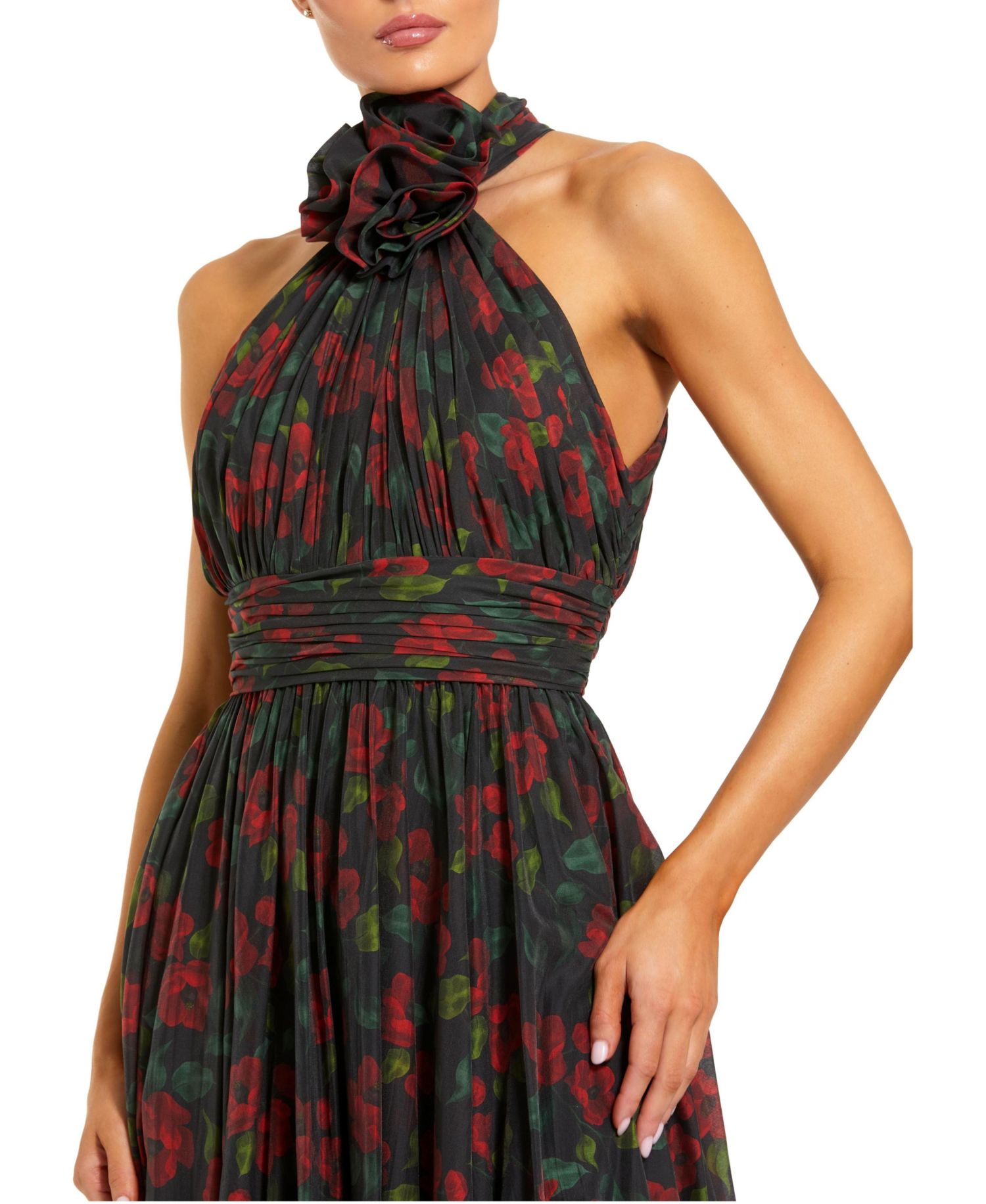 Women's Floral Chiffon 3D Flower Halter Neck Gown