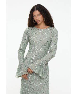 Women's Modest Embellished Sequin Beaded Dress Maxi With Ribbon on Sleeves