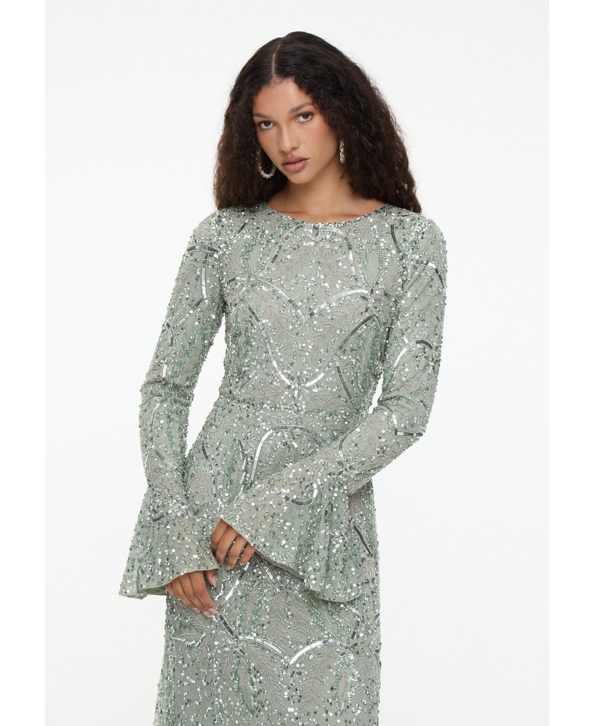 Maryisa Women's Modest Embellished Sequin Beaded Dress Maxi With Ribbon on Sleeves