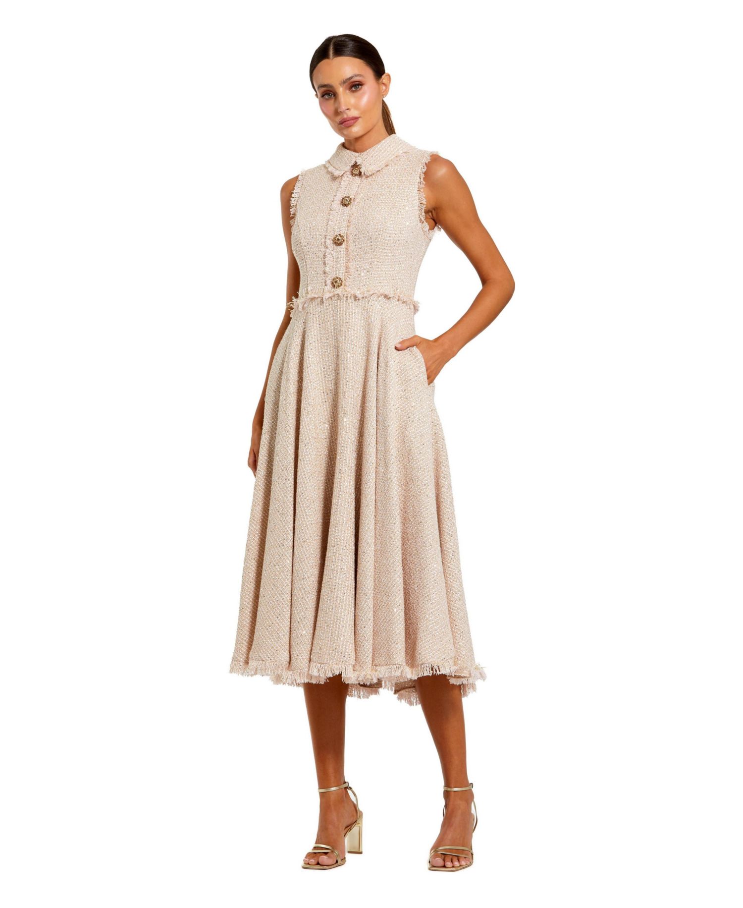 Women's Boucle Sleeveless Collared Button Up Midi Dress