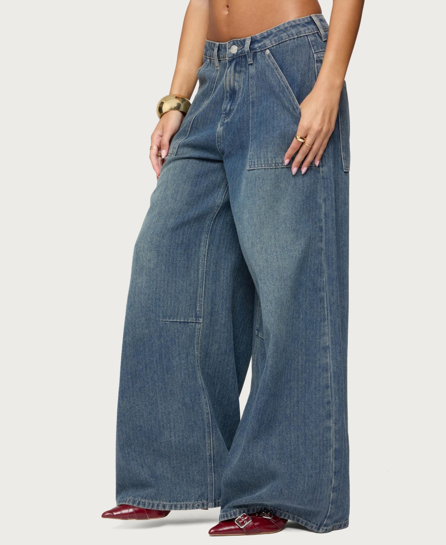 Женские джинсы Edikted Jaycee Low Rise Baggy Carpenter, цвет: Синий потёртый — фото 4