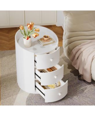 White Round Nightstand, Wood Bed Side Table with 3 Drawers, Fully Assembled