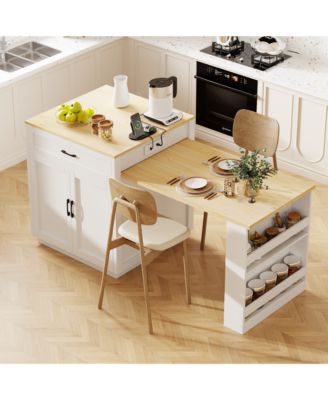 82.7 inch Kitchen Island with Extendable Dining Table, Two-tone Kitchen island with Storage 2 Drawers 2 Side Open Shelves, Power Outlet.