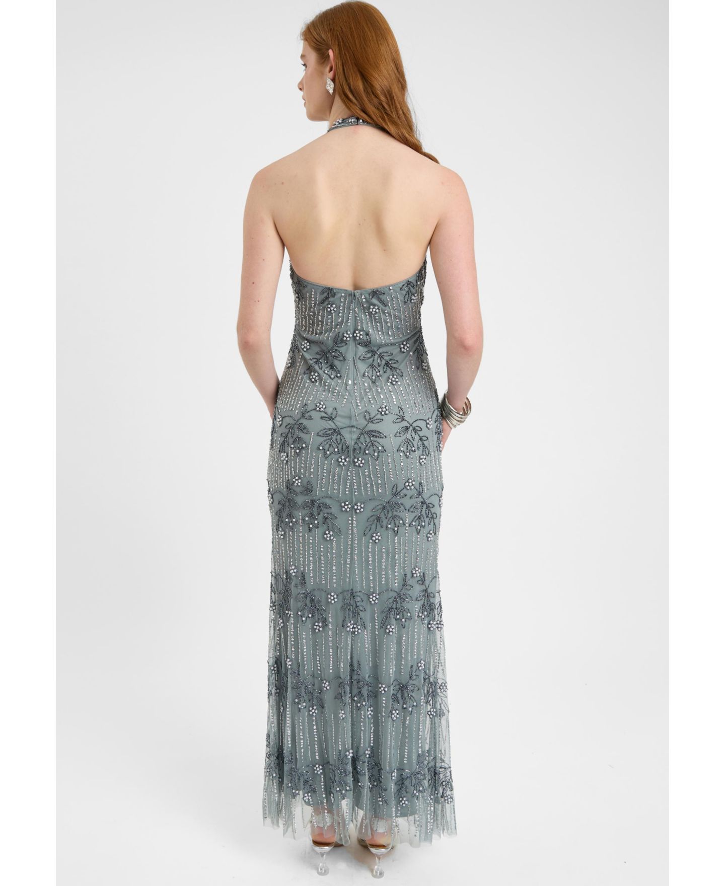 Женское платье BEAUUT Embellished Sequin Beaded Maxi Dress With Knot Design, цвет: Серый — фото 3