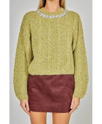 Women's Jewel Embroidered Fuzzy Cable Knit Chunky Sweater