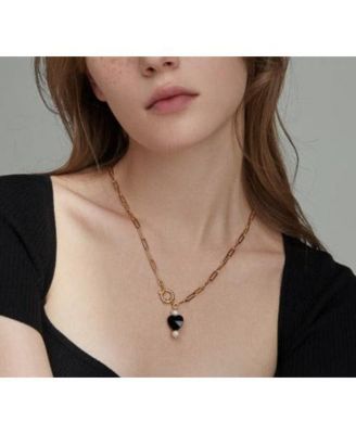 Gold Paperclip Chain Necklace with Black Heart and Freshwater Pearl Pendant