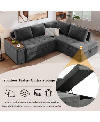 91.5" L-Shaped Sleeper Sofa with Pull-Out Bed, Chaise Storage, Tray Armrest & Side Pockets for Apartment or Living Room