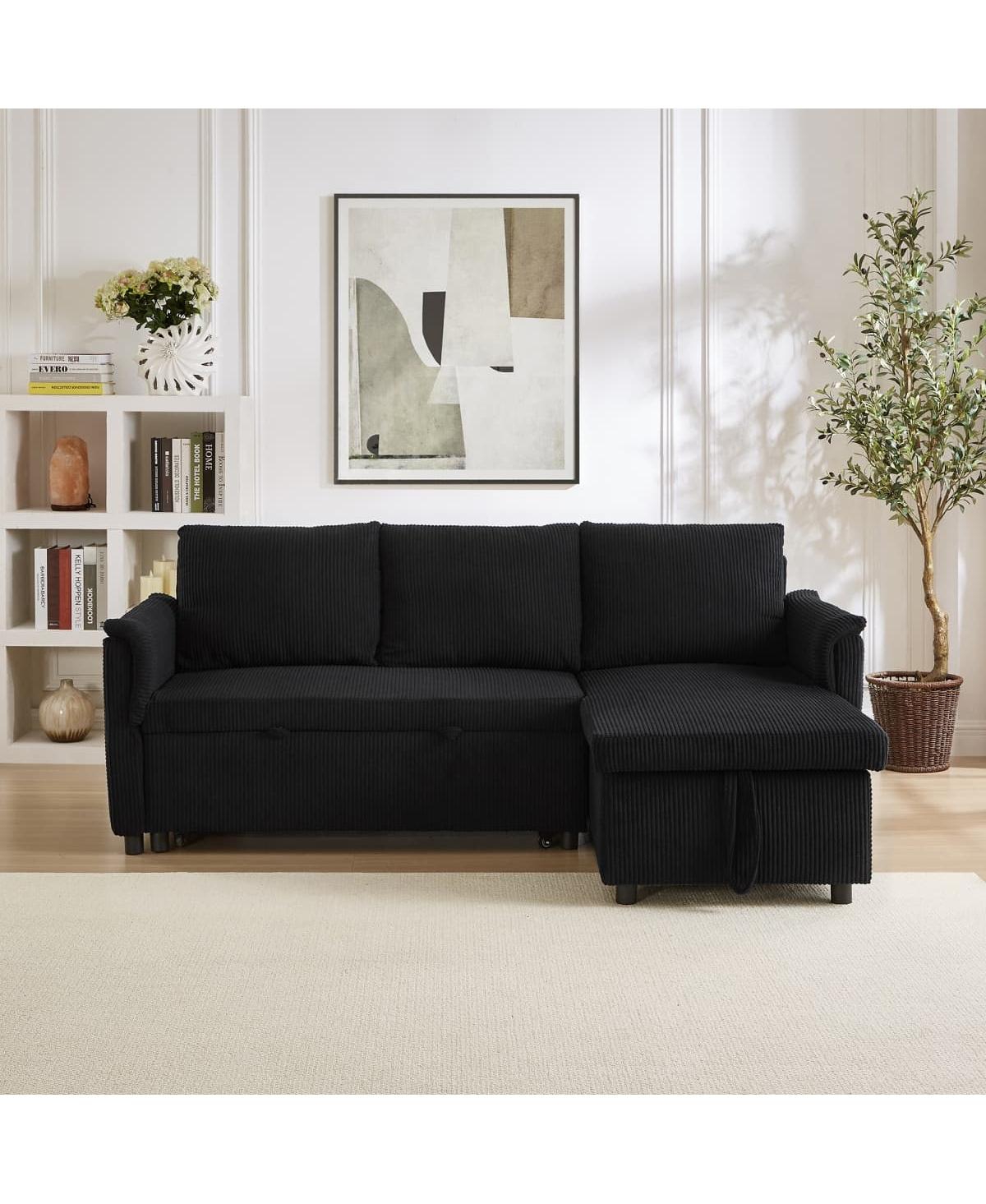 Maison Boucle 77.25" L-Shaped Corduroy Pull Out Sofa Bed with Chaise Storage, Tufted Modular Sleeper Couch Loveseat Adjustable Back