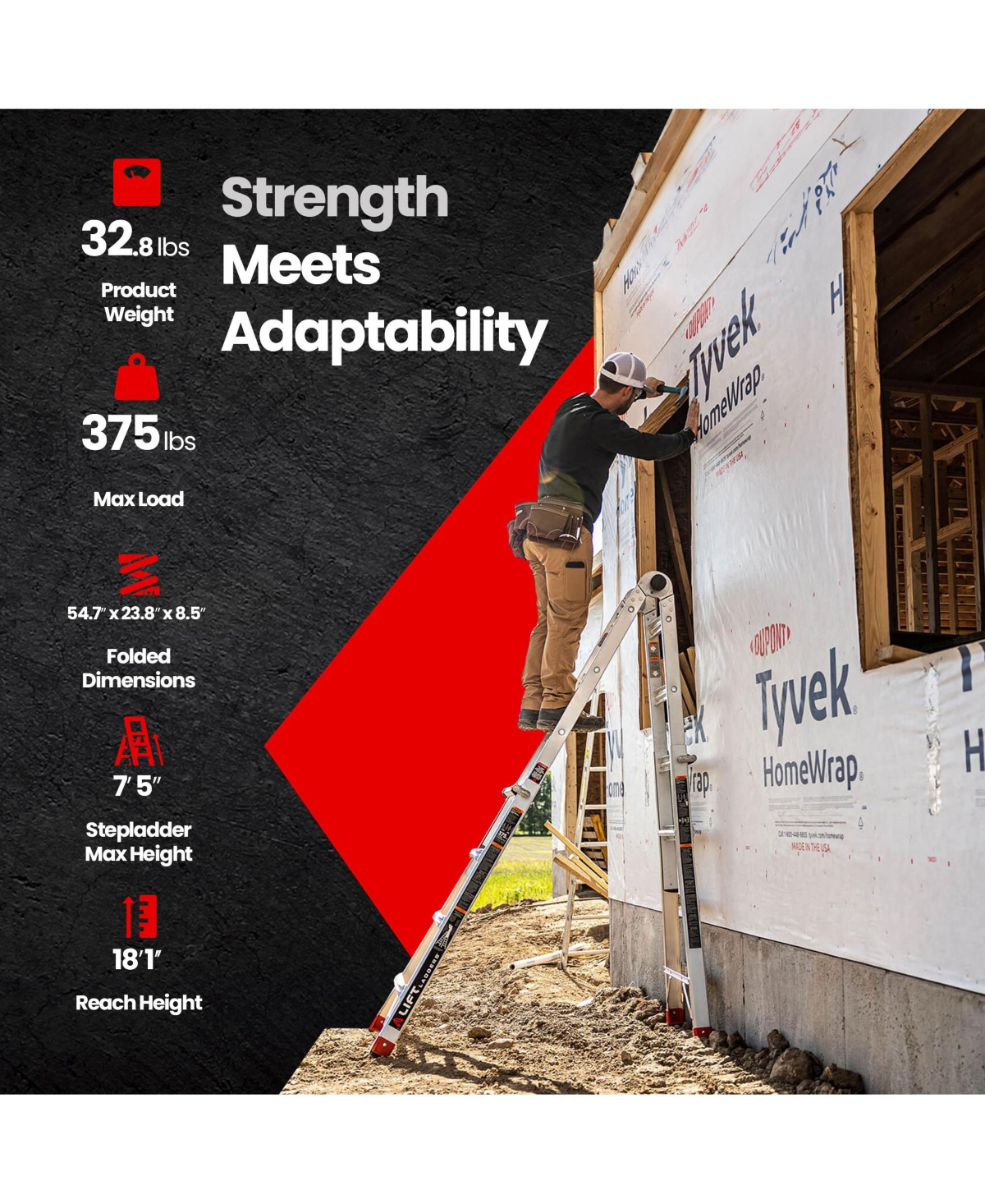 Lift Ladders 18 Foot Reach 5 in 1 Multi Position Aluminum Step Ladder, Silver