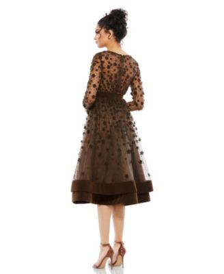 Women's Embellished Illusion High Neck Long Sleeve Fit & Flare Dress