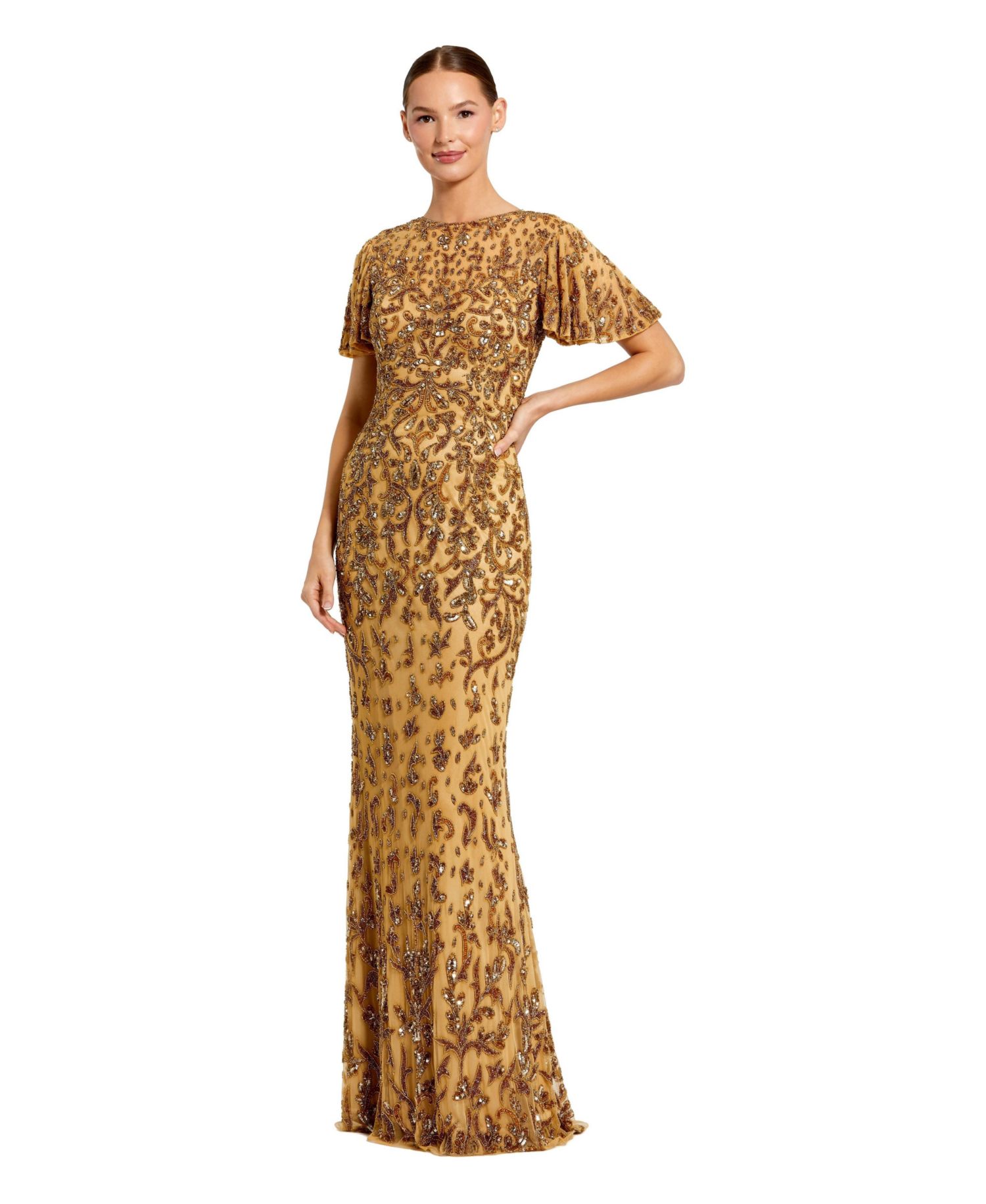 Women's Embellished High Neck Flutter Sleeve Gown
