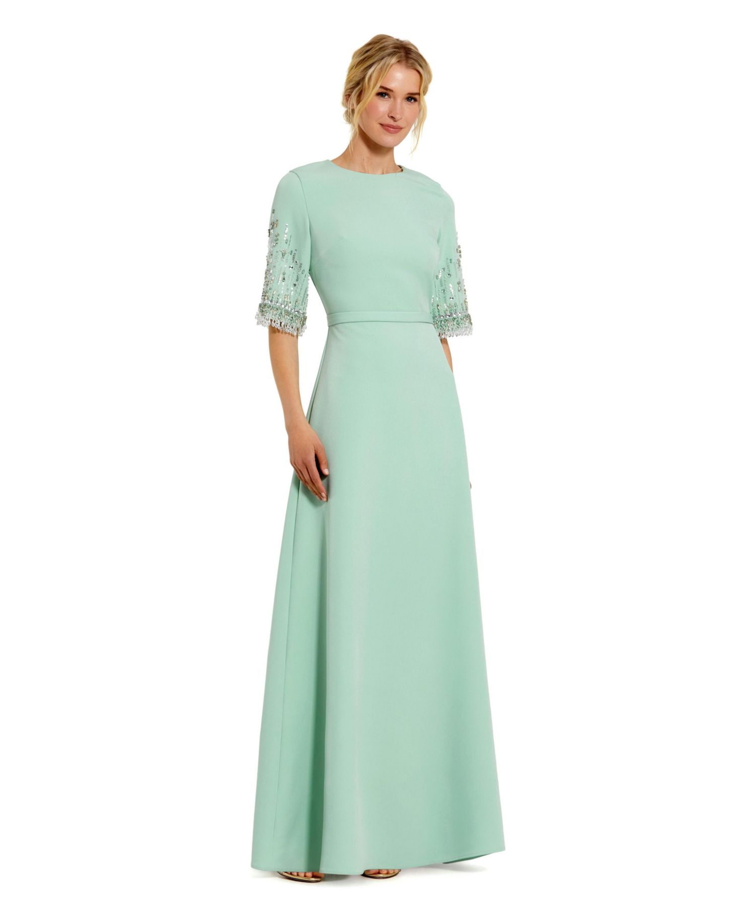 Women's Beaded 3/4 Sleeves Crepe A Line Gown