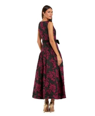 Women's Satin Bow Brocade Drop Waist Midi Dress