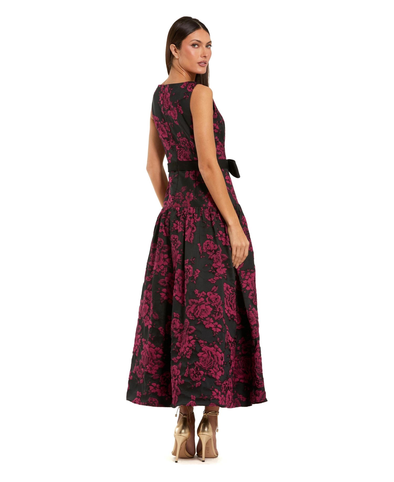 Women's Satin Bow Brocade Drop Waist Midi Dress