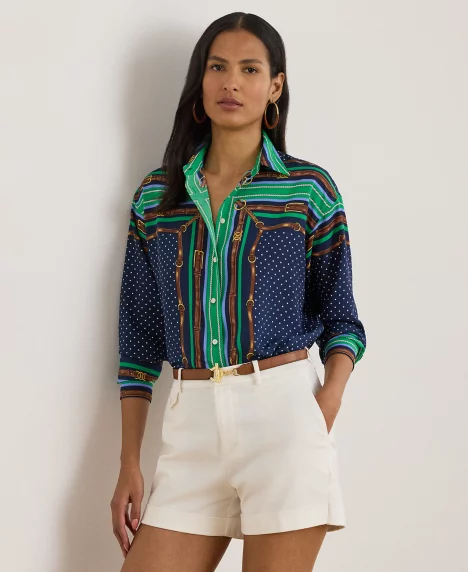 Petite Relaxed Fit Belting and Polka-Dot Shirt - Blue Multi