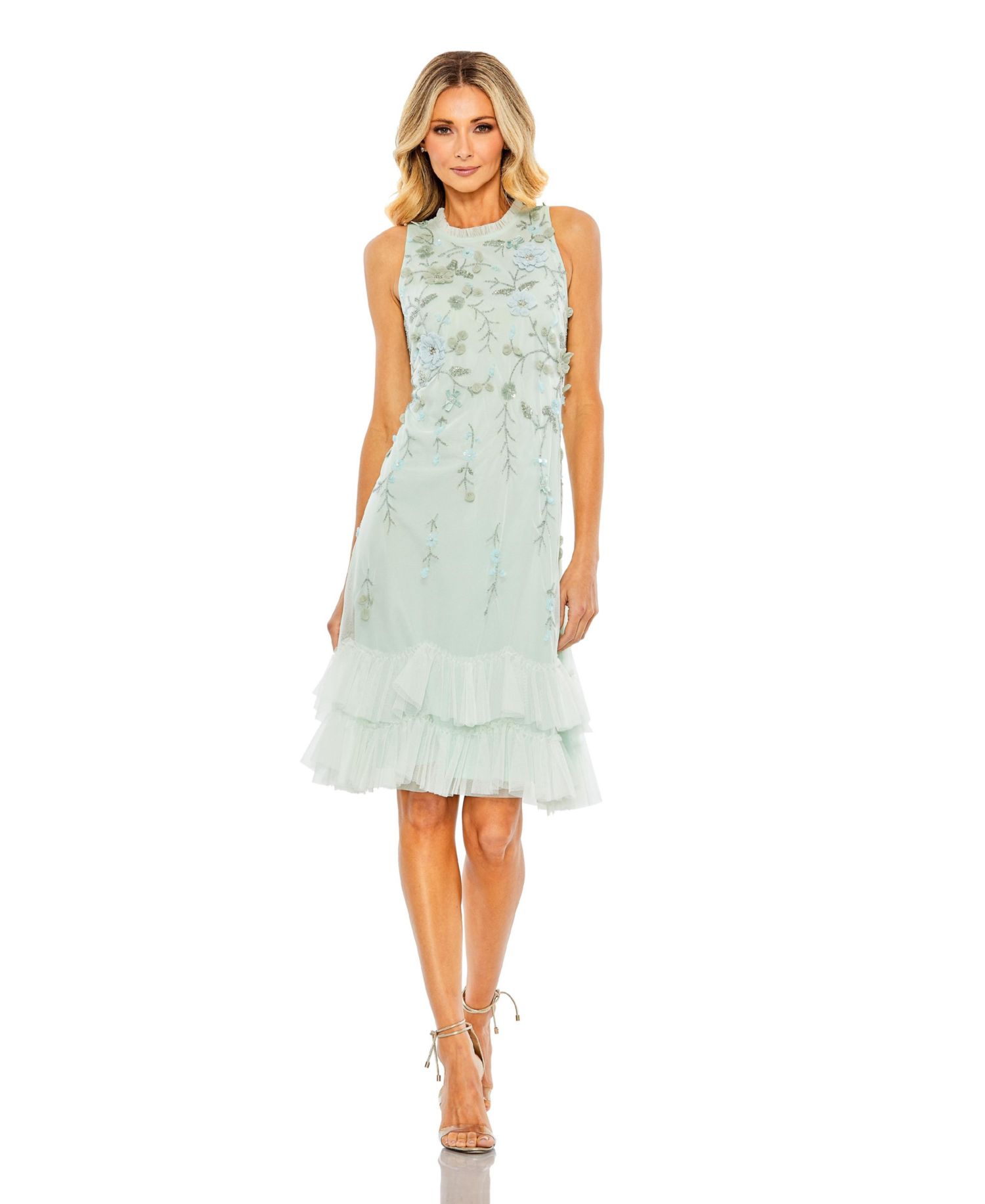 Women's Embellished Ruffle Tiered High Neck Floral Dress