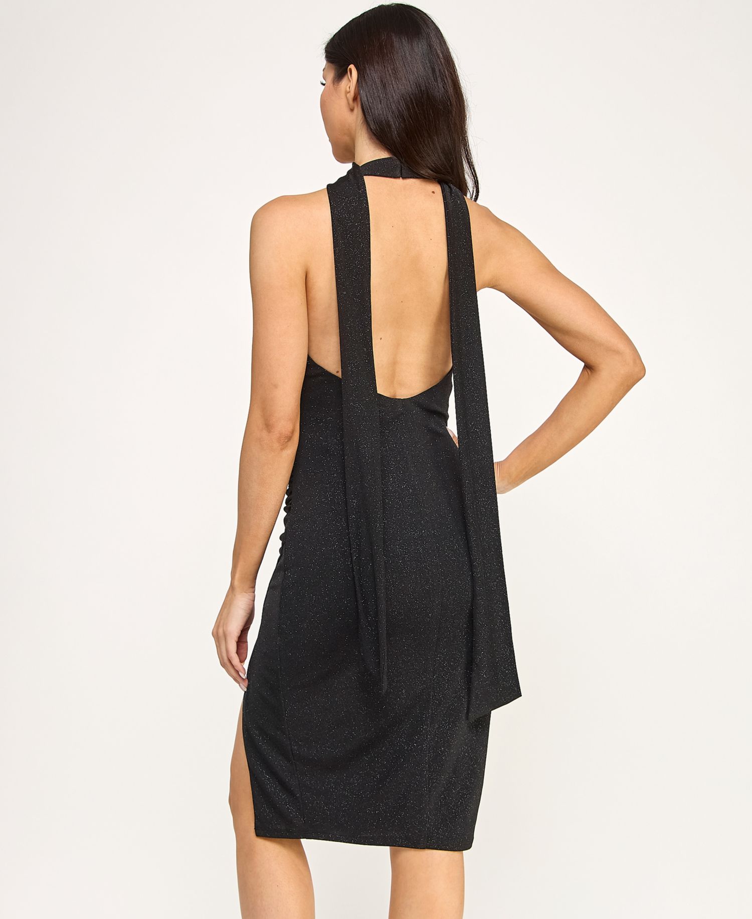 Juniors' Halter Neck Glitter Midi Dress with Scarf