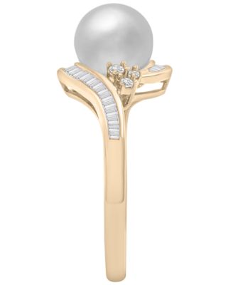 White Cultured Freshwater Pearl (8mm) and Diamond (1/4 ct. t.w.) Swirl Ring in 14k Yellow Gold