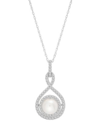White Cultured Freshwater Pearl (6-1/2mm) and Diamond (1/4 ct. t.w.) Pendant Necklace in 14k White Gold