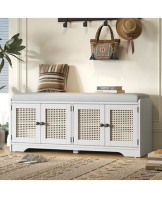 Rustic Storage Bench with Cushion and Rattan Doors (Brown+Beige