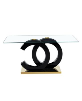 Glass Dining Table with OC-Shaped Black MDF Legs & Gold Base