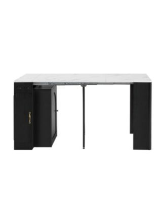 Extendable Dining Table with 3 Leaves & Rolling Island (Black/Marble White)