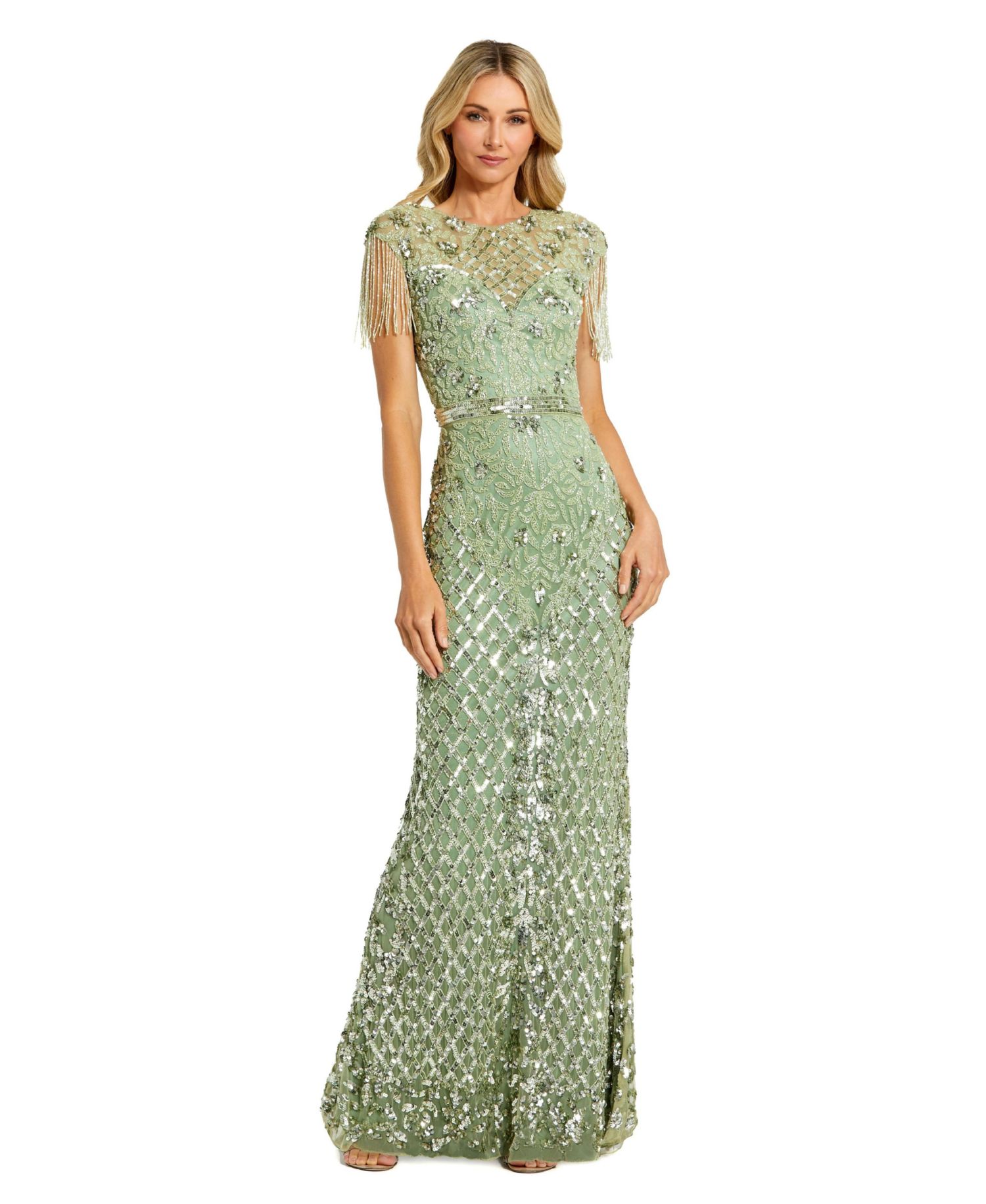 Women's High Neck Sleeveless Beaded Fringe Fitted Gown