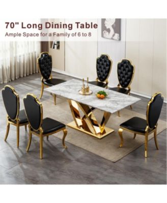 Marble Dining Table for 6, 70" Rectangle Faux Marble w/ Mirrored Stainless Steel Base (Gold, Gray