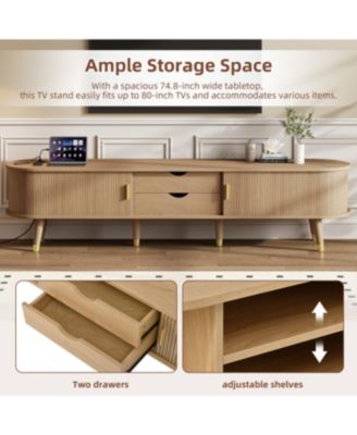 Wooden Oval Fluted TV Stand with Charging Station & Sliding Door (Up to 80