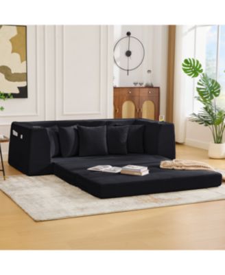 Corduroy Convertible Sofa Bed with 5 Pillows, Black