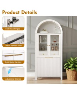 71" Fluted Tall Arched Pantry Cabinet with Hidden Drawer & Glass Door, White