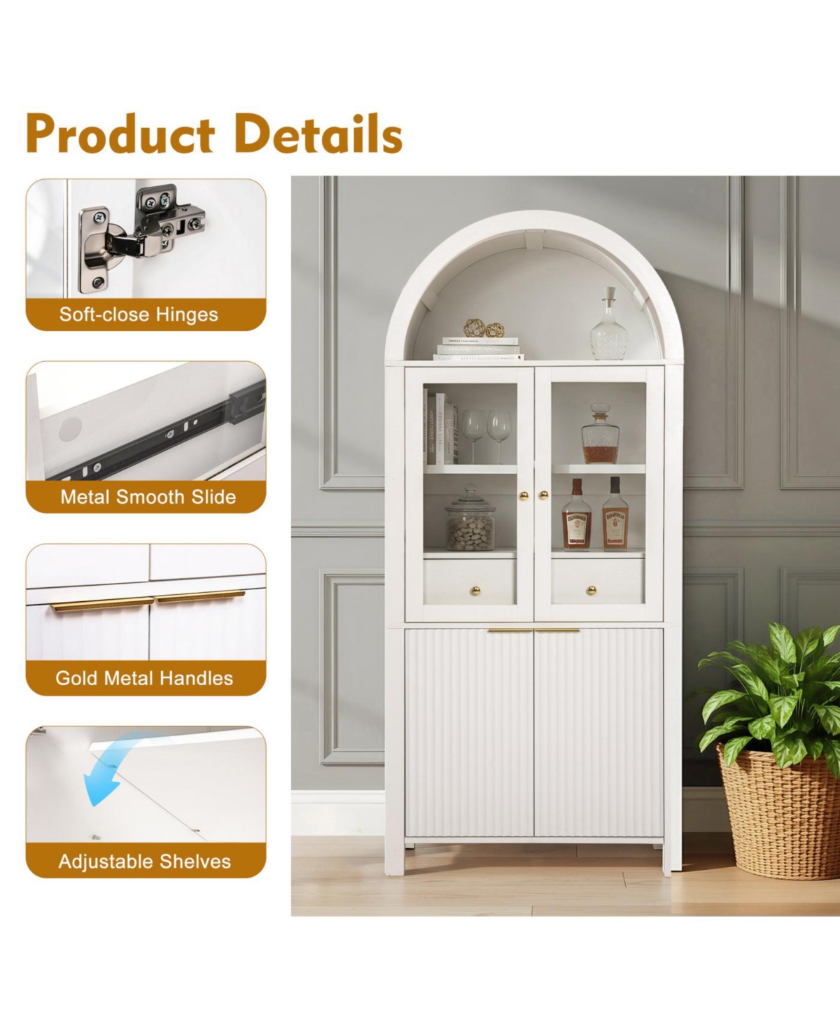 Streamdale Furniture 71" Fluted Tall Arched Pantry Cabinet with Hidden Drawer & Glass Door, White