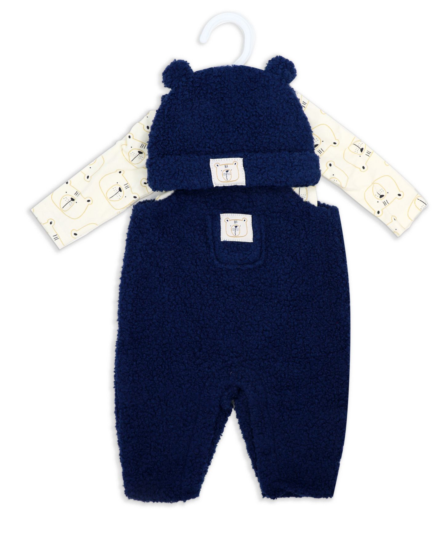 Детский комплект Baby Mode: полукомбинезон с мишками, боди и кепка, 3 предмета, цвет: Тёмно-синий / Кремовый — фото 2