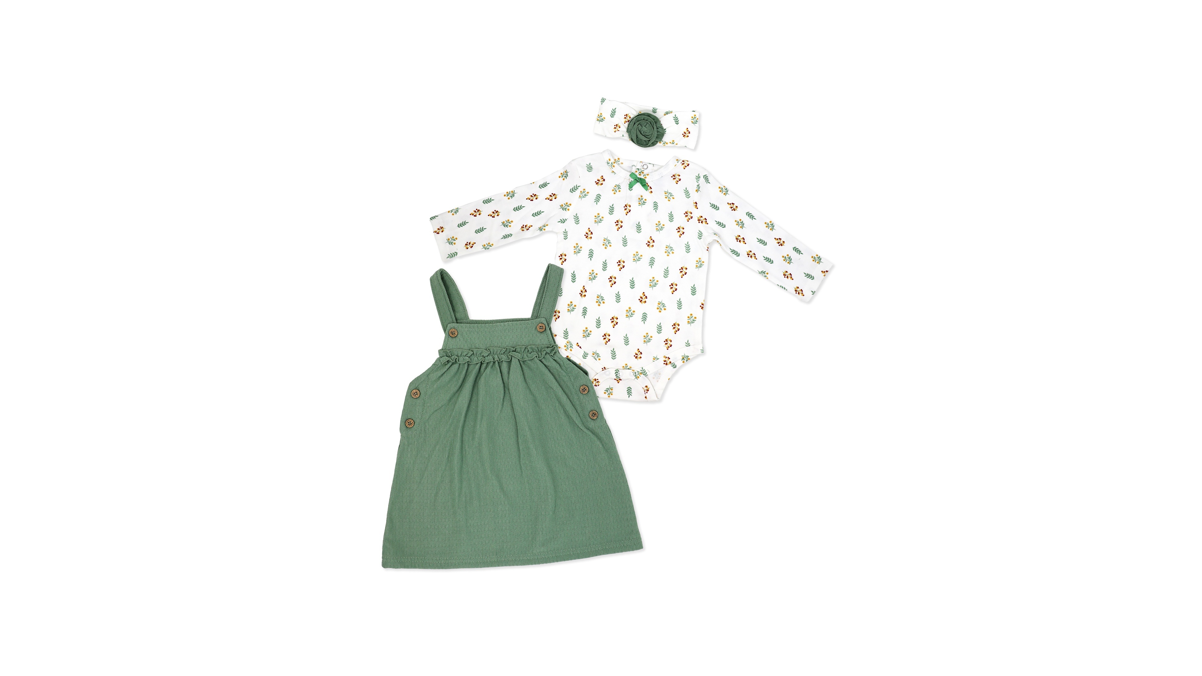 Baby Mode Girls' Fall Sprigs Print Jumper, Bodysuit and Headband, 3-Piece Set
