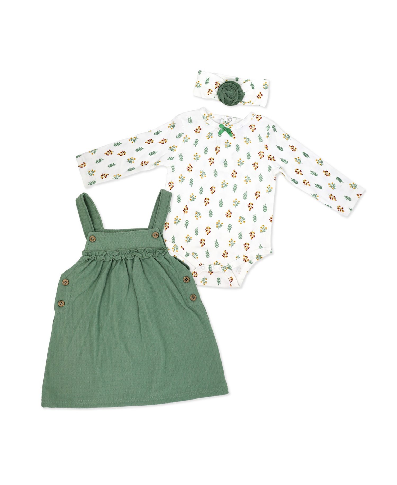 Baby Girls' Fall Sprigs Print Jumper, Bodysuit and Headband, 3-Piece Set