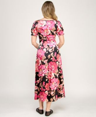 Juniors' Printed V-Neck Satin Puff Sleeve Midi Dress