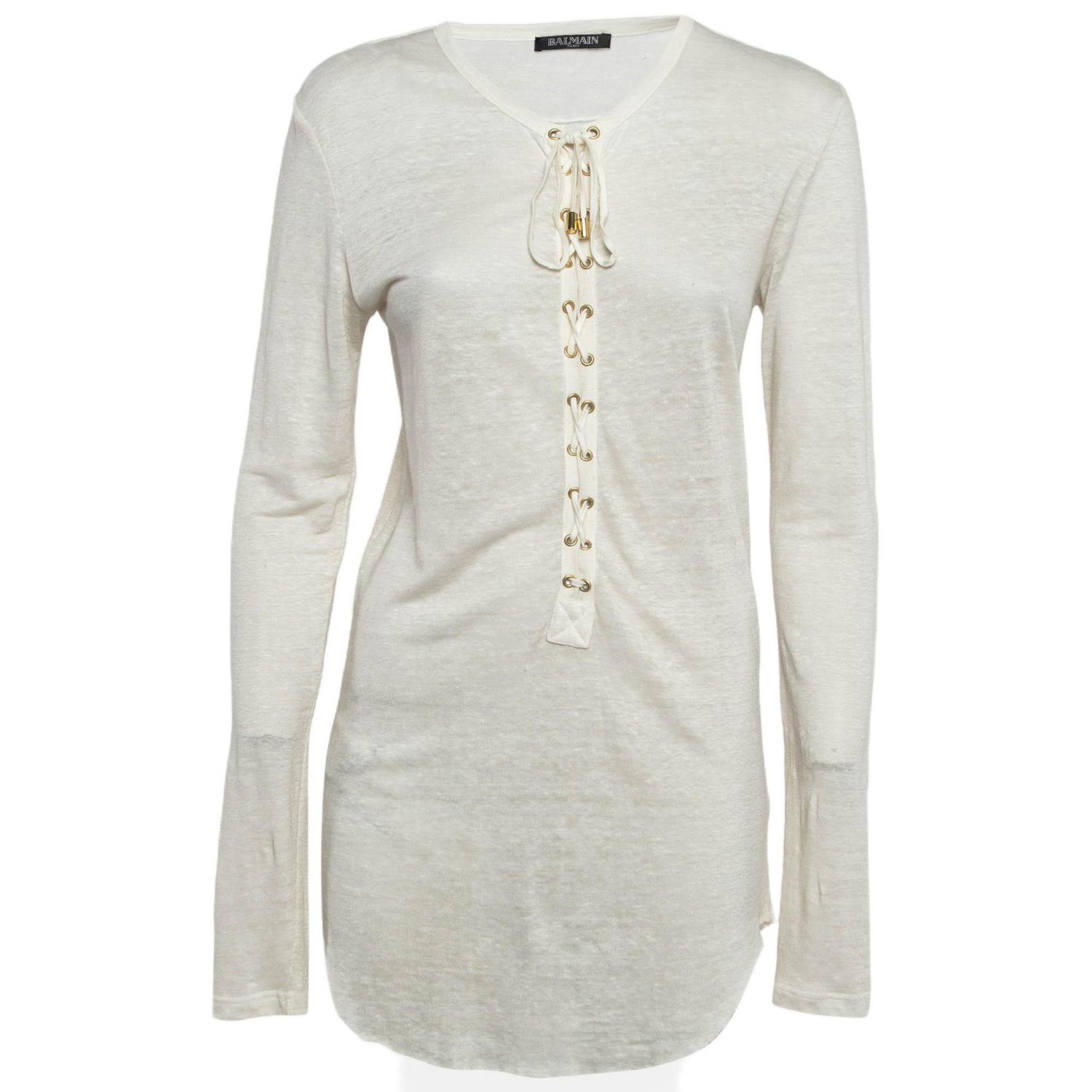 Women's Off-White Linen Knit Lace-Up Top