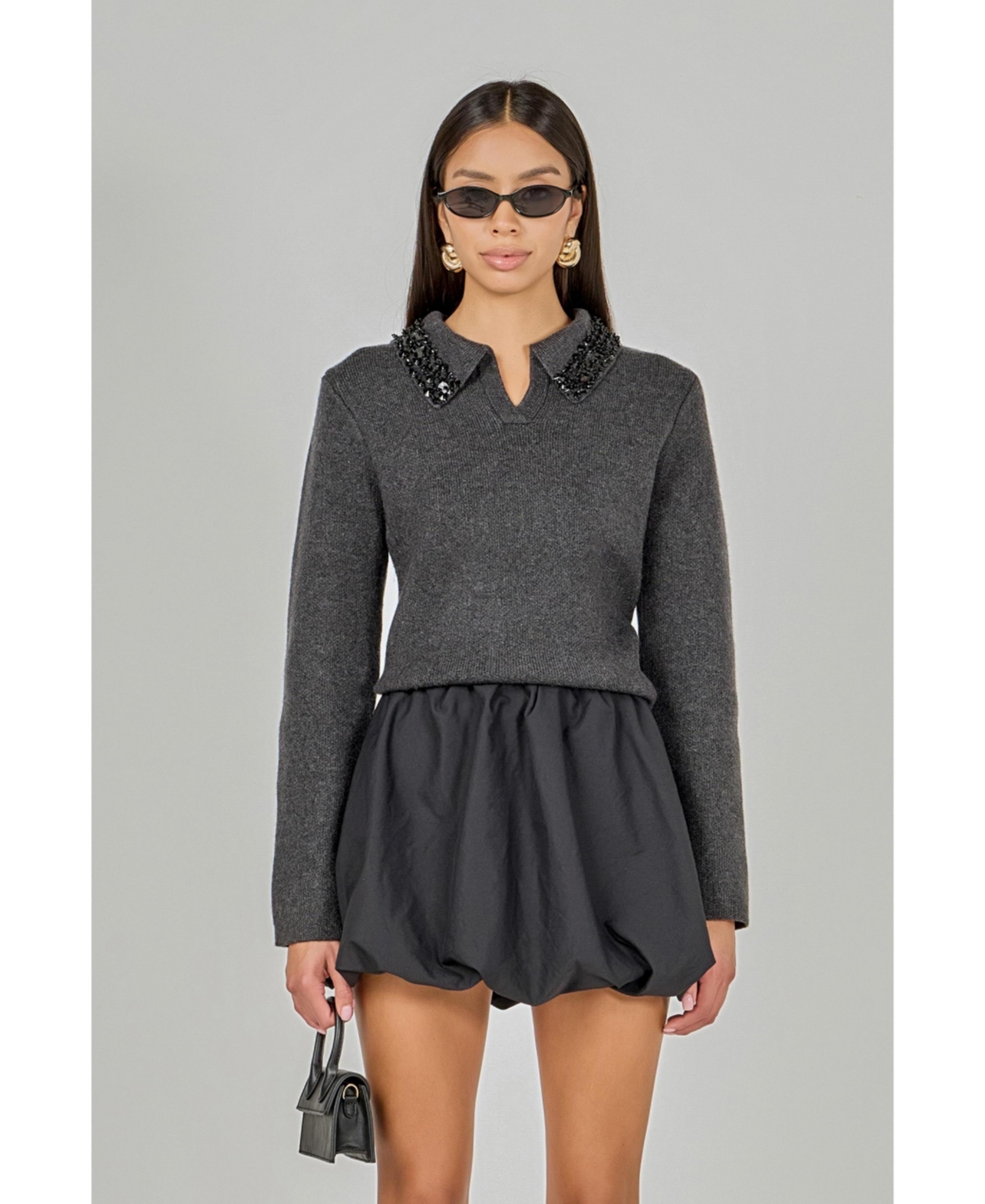 endless rose Women's Knit Jewel Trim Collared Sweater