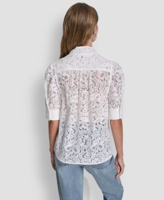 Women's Lace Puff Sleeve Stand Collar Shirt