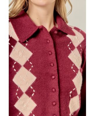 Women's Collared Argyle Knit Cardigan
