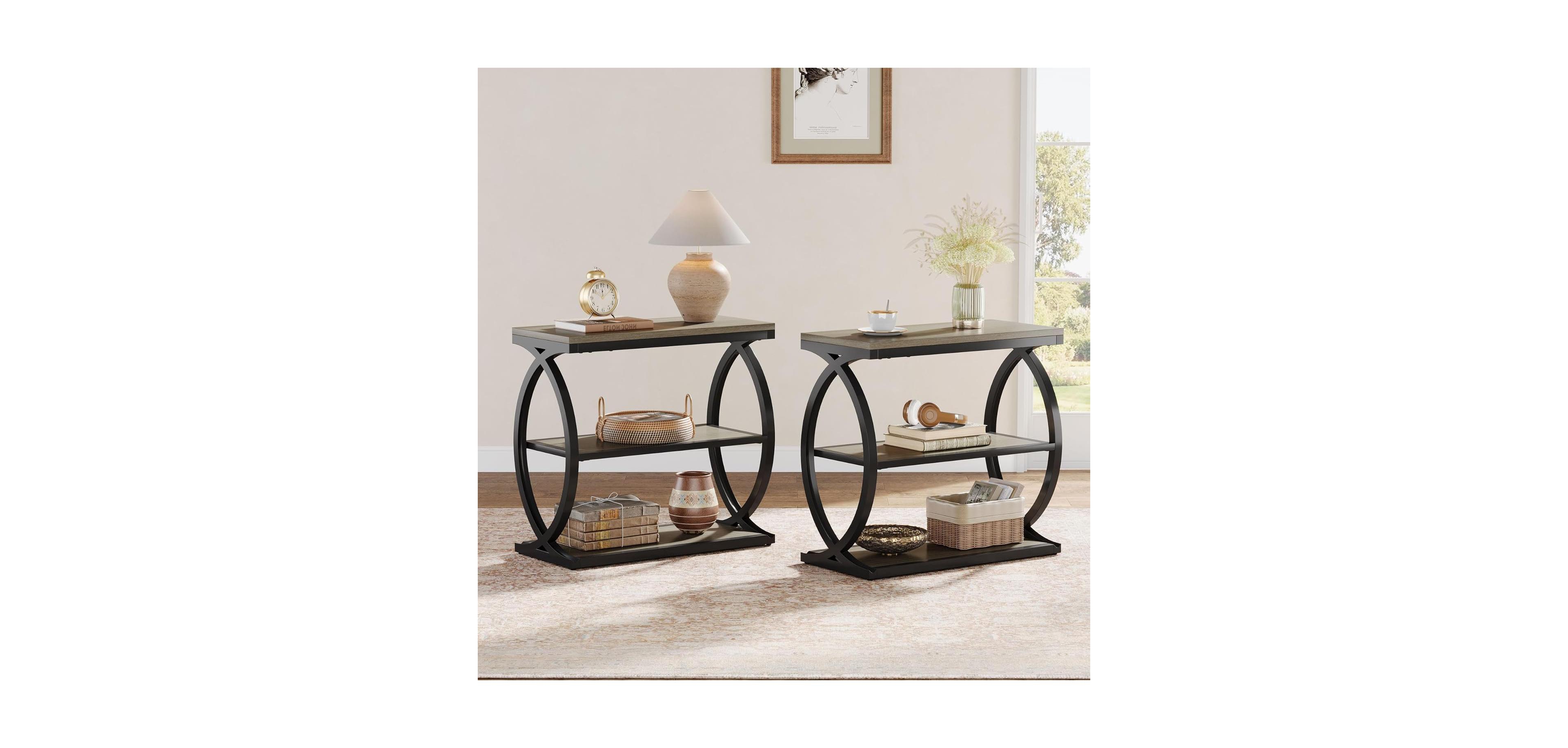 Tribesigns End Table Set of 2, Narrow 3-Tier End Table for Living Room, Industrial Wooden Side Table